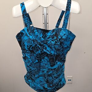 Blue Floral Print Women's Swim Tank Top